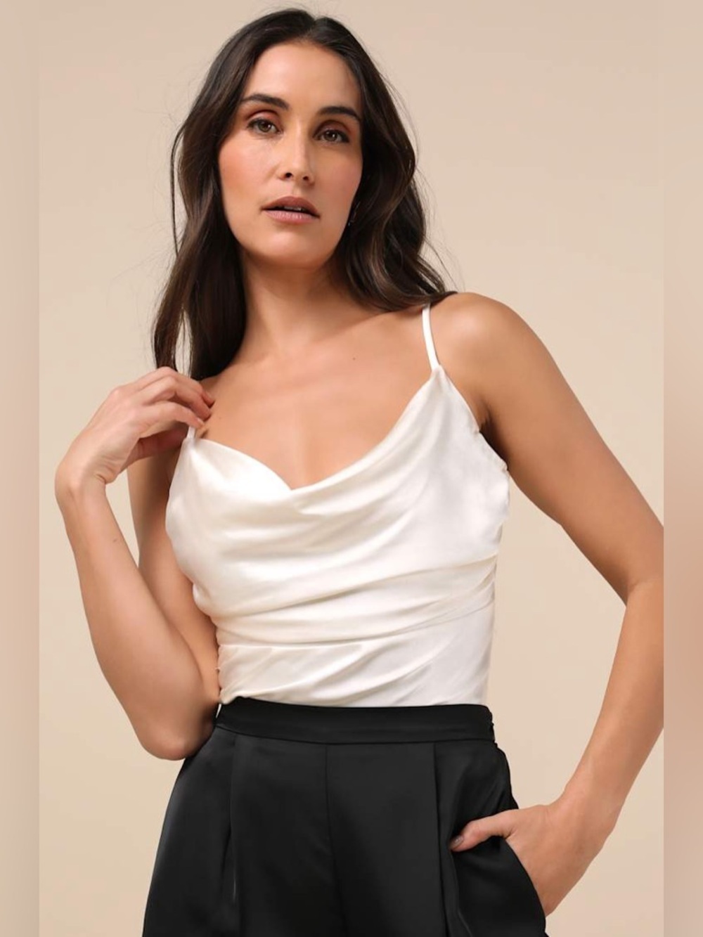 Lulus Notorious Allure Cream Satin Cowl Neck Tank Top